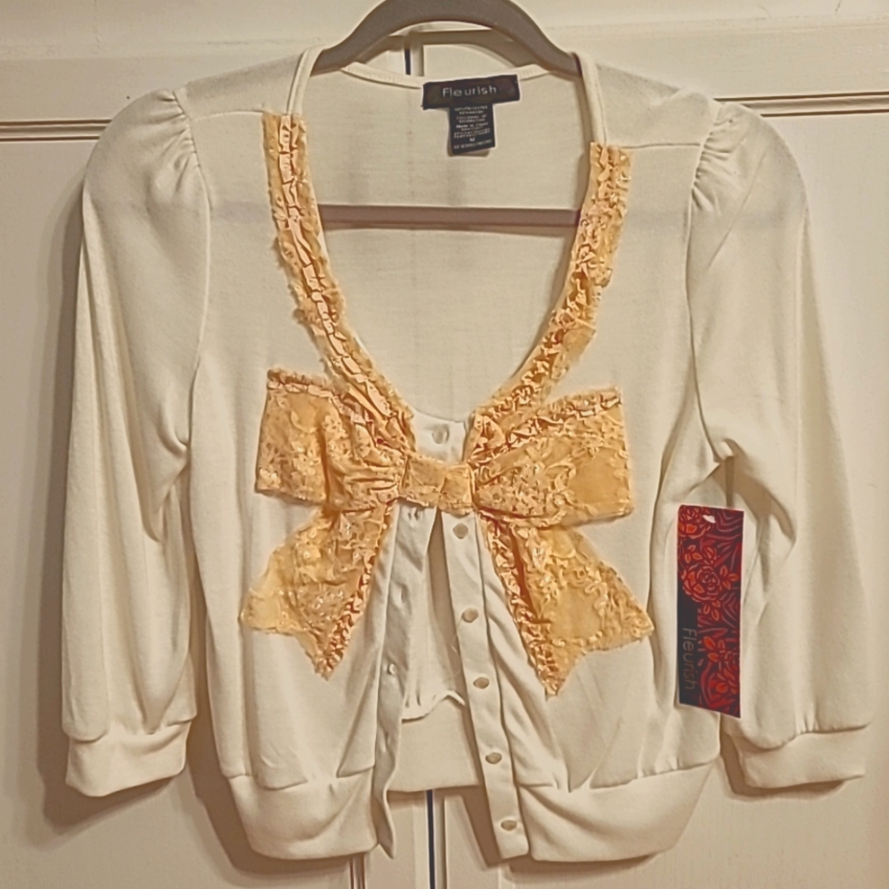 Fleurish Cardigan with Lace Bow Applique Detail - Medium